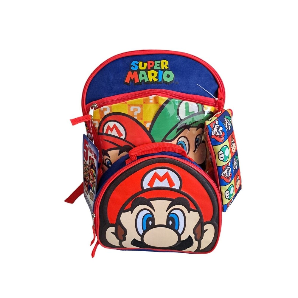 Super Mario 5 Piece 16" Backpack Kids School Book Bag with Lunch Bag Set